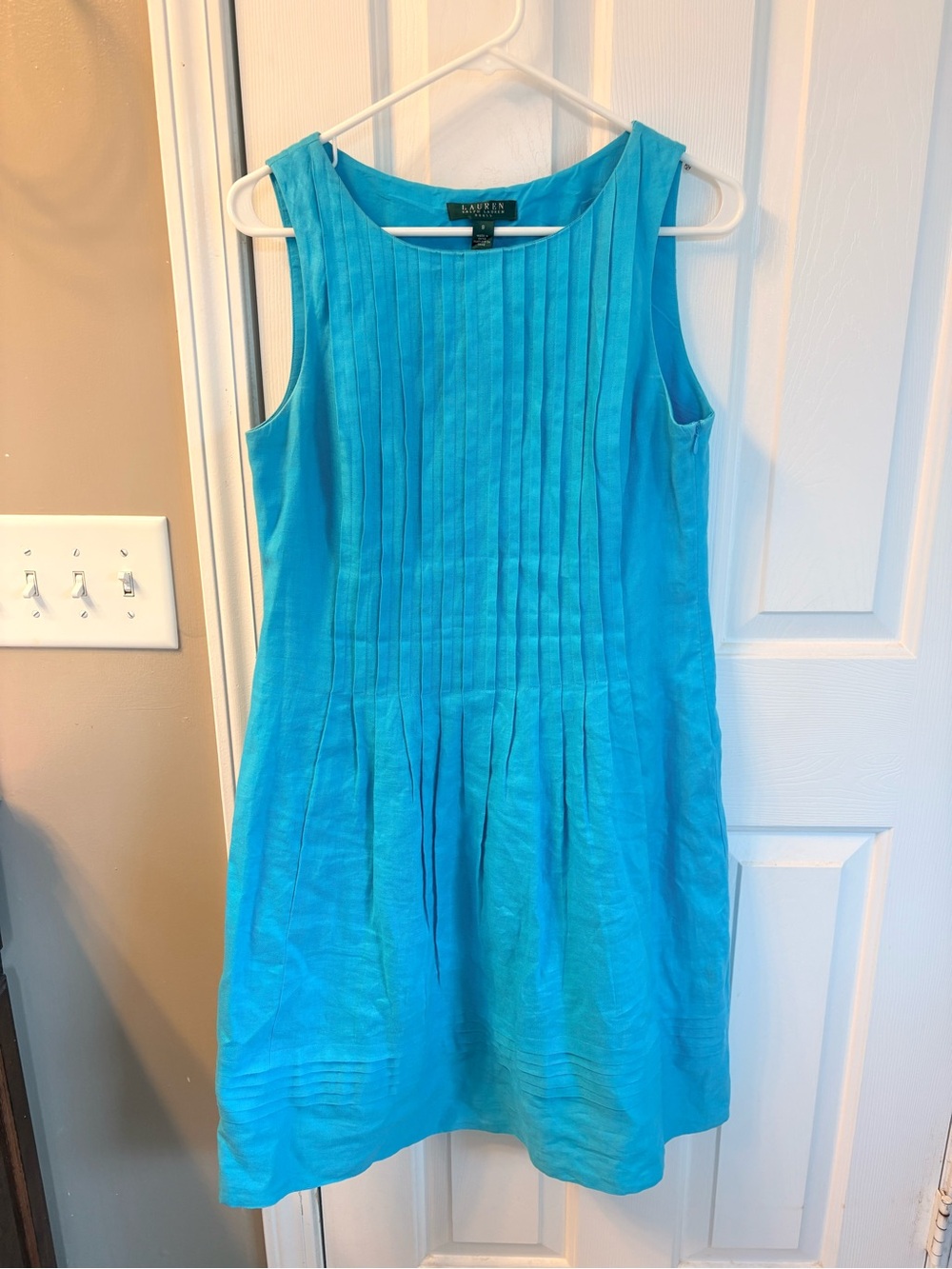 Lauren Ralph Lauren Blue Linen Pleated Sleeveless Shift Dress Size 8